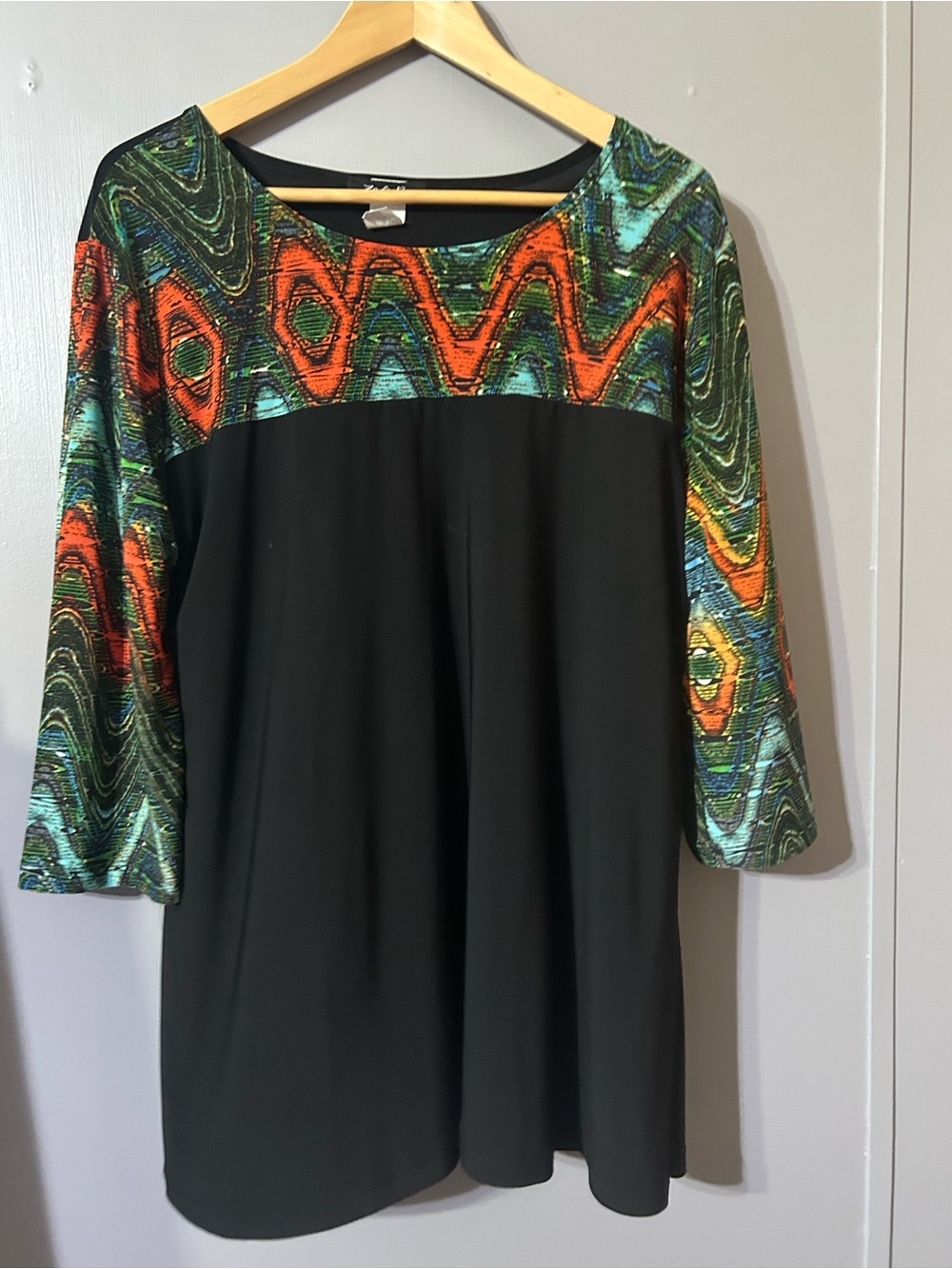 Zadie B’s Black Long-Sleeve Tunic Dress with Multicolor Patterned Yoke size 2X